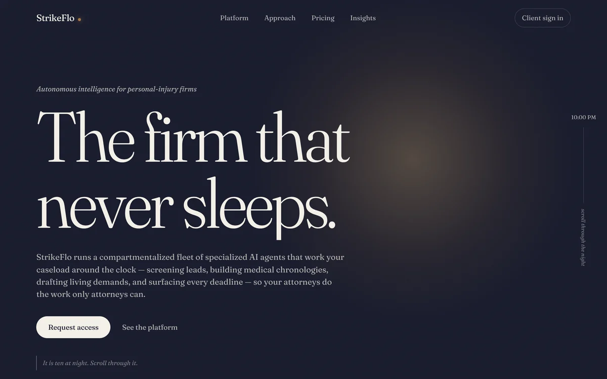 StrikeFlo landing page: The firm that never sleeps.